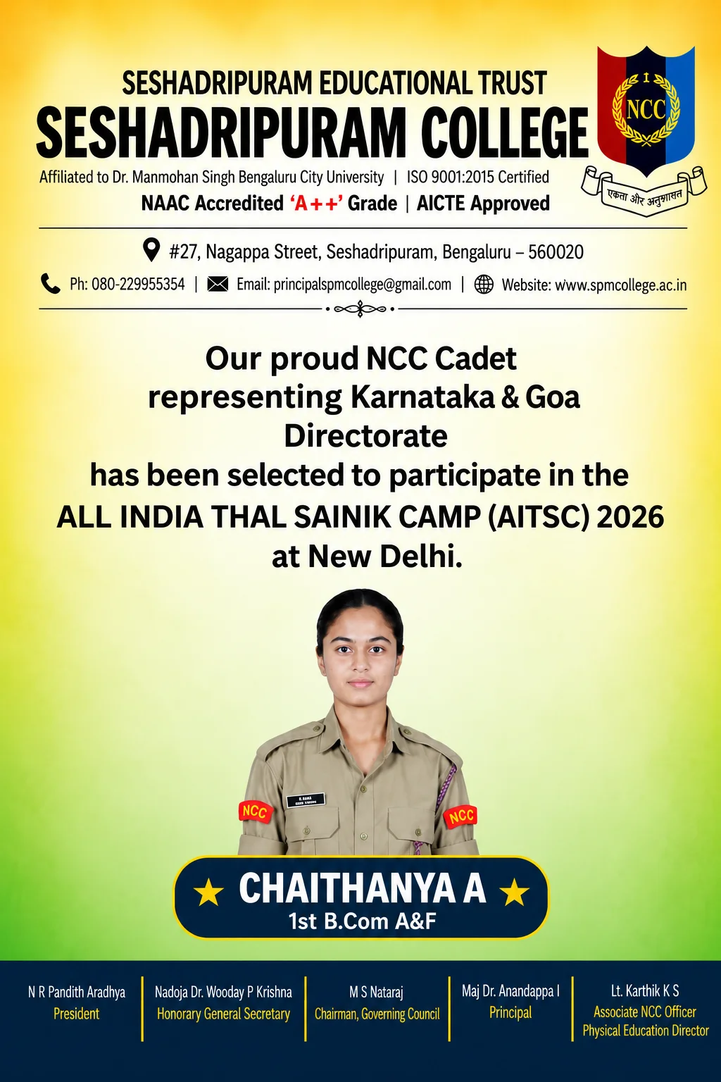 NCC Cadet Chaithanya A - AITSC 2026
